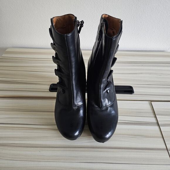 Earthies Ferrara Black Ruffled Leather Platform Heeled Ankle Boots Size 8 - Picture 5 of 11